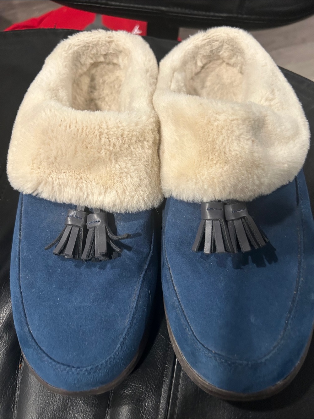Vionic Blue Suede Tassel Slipper Mules with Cream Faux Fur Collar